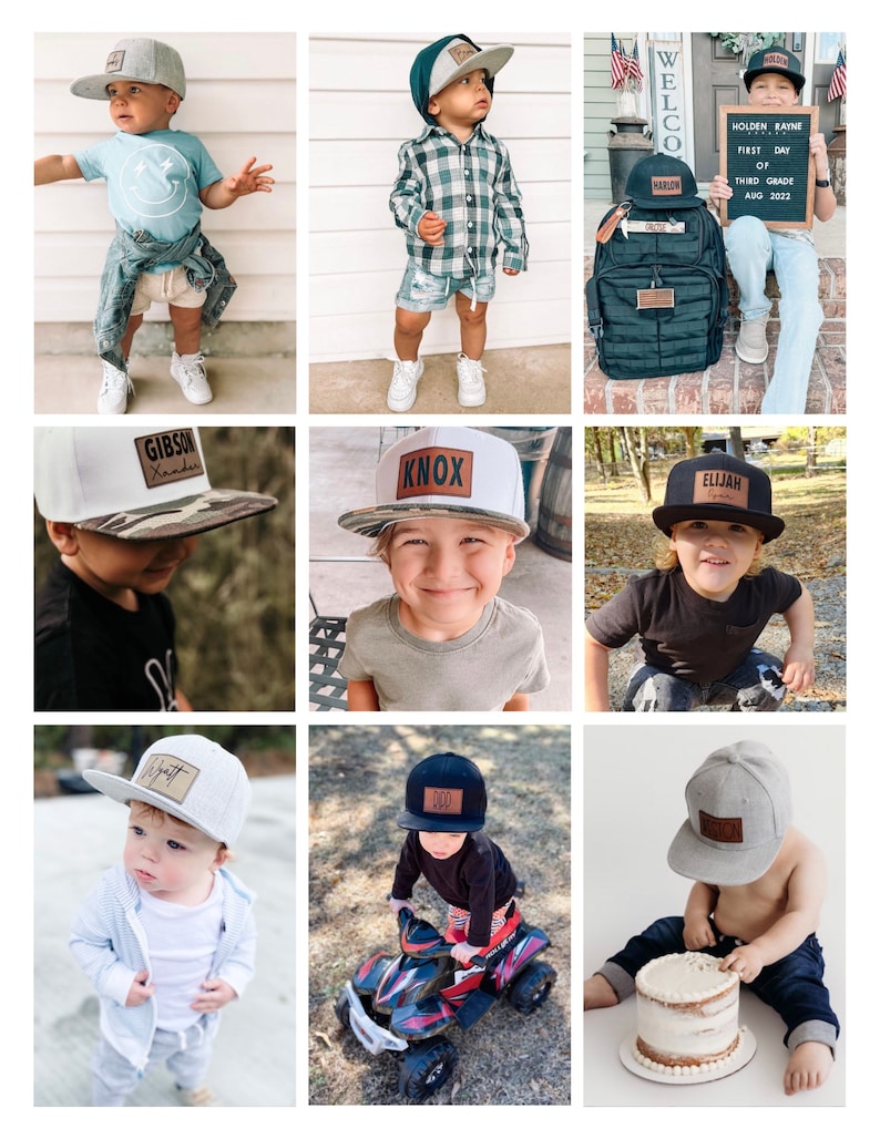 May include: Nine boys wearing personalized baseball caps with leather patches. The caps are in various colors, including gray, black, white, and camouflage. The boys are wearing different outfits, including a blue shirt, a plaid shirt, a black shirt, and a gray shirt. The boys are all smiling and looking at the camera.