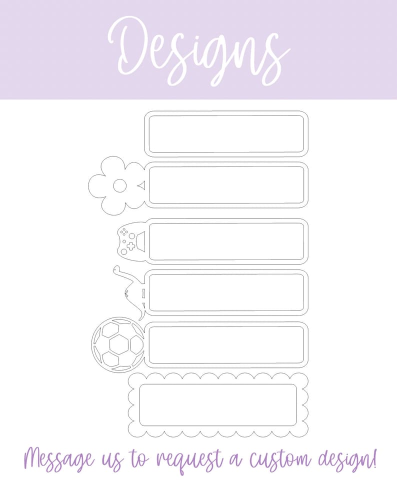 May include: A set of five printable bookmark designs with different icons. The icons include a flower, a video game controller, a cat, a football, and a scalloped border. The text "Message us to request a custom design!" is at the bottom of the image.