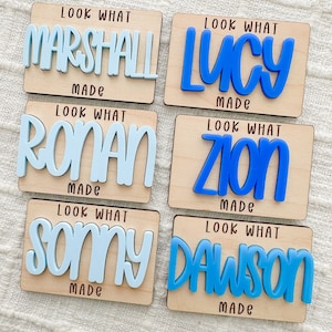 May include: Six wooden name plaques with the text "Look What Made" and a name in blue. Names include Marshall, Lucy, Ronan, Zion, Sonny, and Dawson. The names are in a bold, playful font.