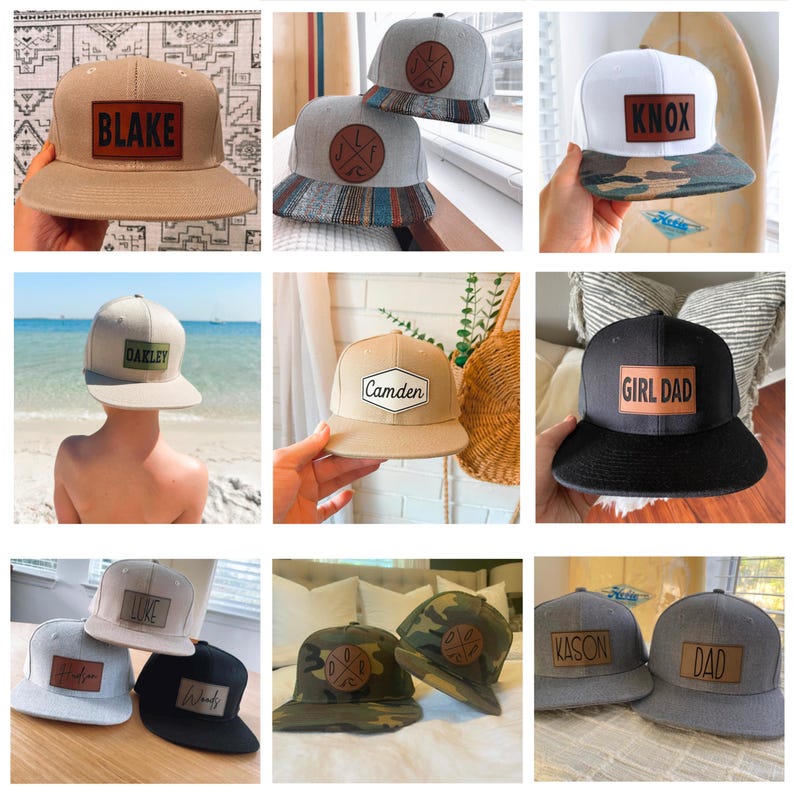 May include: A collection of personalized baseball caps with various colors and designs. The caps feature leather patches with names like "Blake", "Knox", "Camden", "Girl Dad", "Kason", and "Dad".