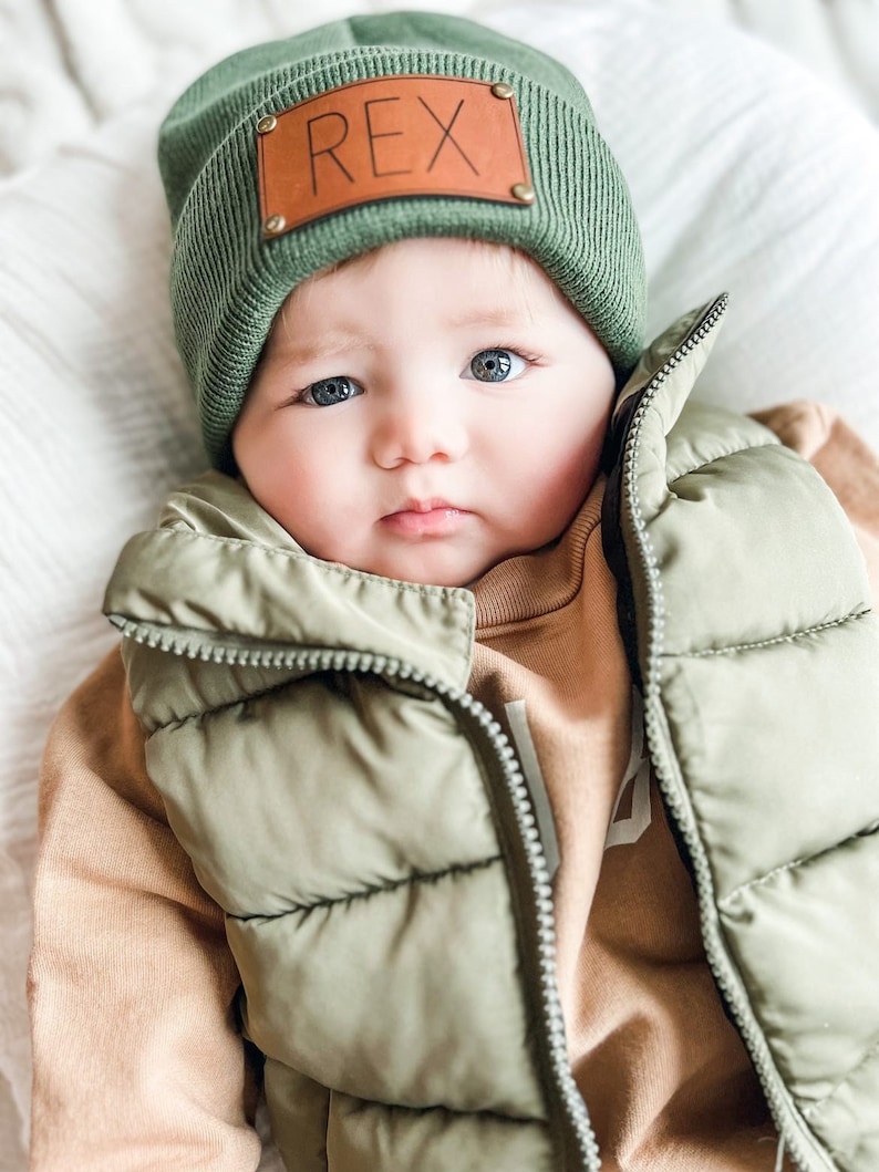 Faux Leather Personalized Name Patch Baby Beanie Hat Toddler Child Adult, Fall Winter Snow, Baby Shower Gift Christmas Gift Stocking Stuffer