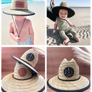 Parche de nombre de cuero sintético sombrero de bebé niño niño adulto, sombrero de paja, sombrero de sol para bebé, sombrero de sol para niños pequeños, sombrero de sol personalizado, sombrero a juego imagen 3
