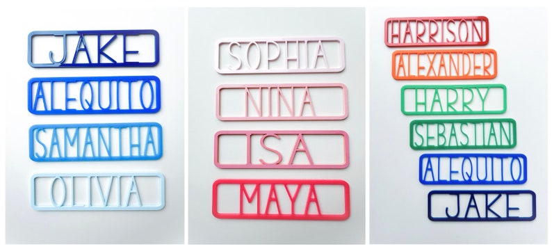 May include: A set of colourful personalised name plaques with various names including Jake, Alequinto, Samantha, Olivia, Sophia, Nina, Isa, Maya, Harrison, Alexander, Harry, Sebastian, Alequinto, and Jake.