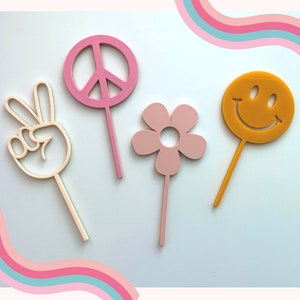 Two Groovy Cupcake Toppers, Groovy Party, Groovy Birthday, Groovy Cupcake Toppers, Boho Cupcakes, Smiley Face, Peace Sign