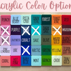 May include: Acrylic paint color chart with 48 different colors. The colors are arranged in rows and columns. The colors include nude blush, punch, blue berry, pista chio, dark teal, forest, tangerine, red, black, peach, bubblegum, purple, navy, dark sage, orange, maroon, slate, ivory, water melon, lavender, cobalt, sage, olive, marigold, burnt orange, grey, white, pink lemonade, ube, arctic, green, yellow, terra cotta, brown, coral, hot pink, baby blue, mint, grinch, cado, tan gold.