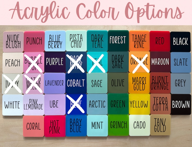May include: Acrylic paint color chart with 48 different colors. The colors are arranged in rows and columns. The colors include nude blush, punch, blue berry, pista chio, dark teal, forest, tangerine, red, black, peach, bubblegum, purple, navy, dark sage, orange, maroon, slate, ivory, water melon, lavender, cobalt, sage, olive, marigold, burnt orange, grey, white, pink lemonade, ube, arctic, green, yellow, terra cotta, brown, coral, hot pink, baby blue, mint, grinch, cado, tan gold.