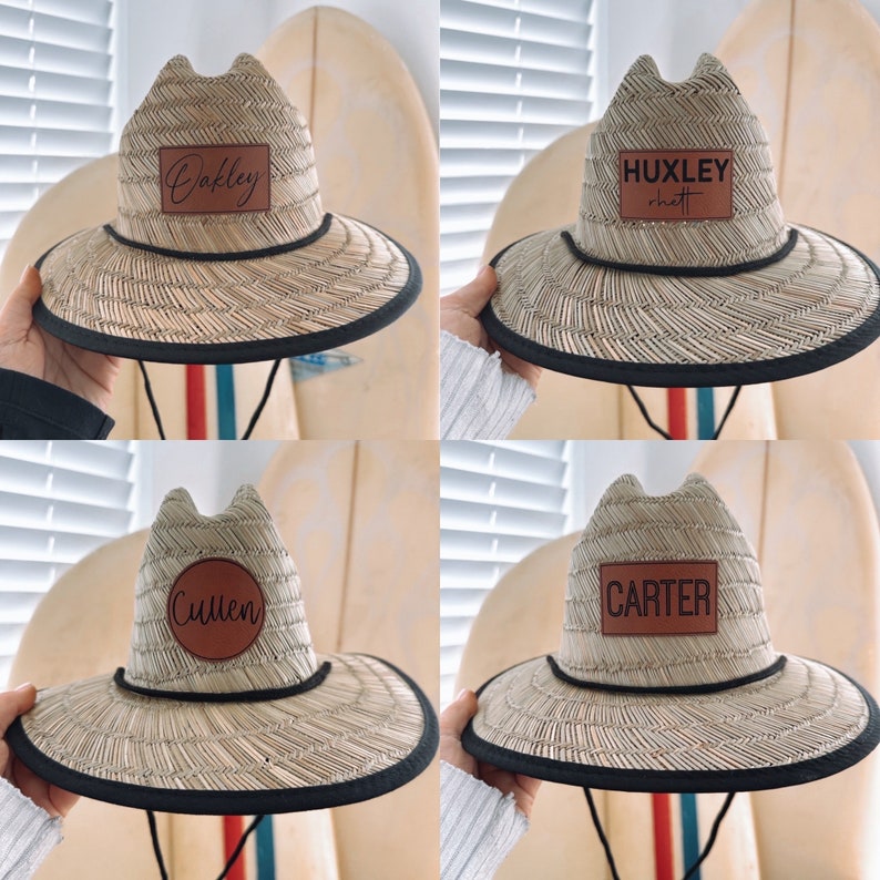 Parche de nombre de cuero sintético sombrero de bebé niño niño adulto, sombrero de paja, sombrero de sol para bebé, sombrero de sol para niños pequeños, sombrero de sol personalizado, sombrero a juego imagen 2