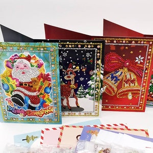 Diamond Painting kit kerstkaarten c/w 3 kaarten, enveloppen, gereedschapskist en strass kralen.