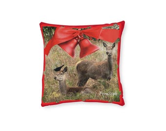Deer with Red Holiday Bells Square Pillow | Christmas Woodland Decor