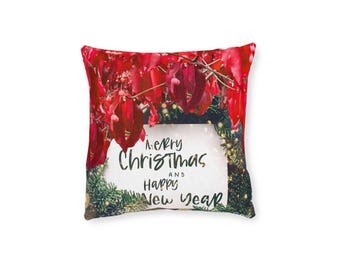 Merry Christmas and Happy New Year Square Pillow | Holiday Wreath, Red Foliage