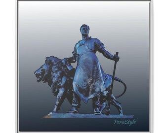 Blue Statue with Lion Matte Canvas Framed | Pop Art City Sculpture Wall Art