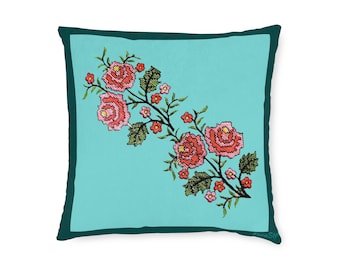 Floral Embroidered Square Pillow, Boho Home Decor