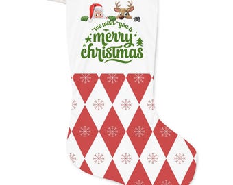 We Wish You a Merry Christmas Santa Stocking | Red Diamond Snowflake Holiday Stocking