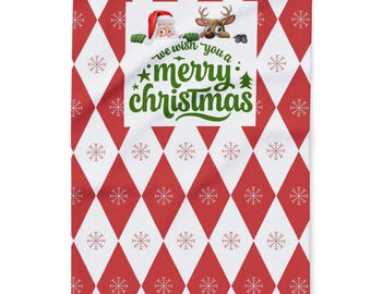 Merry Christmas Santa & Reindeer Arctic Fleece Blanket | Red Diamond Pattern