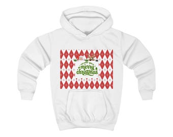 Merry Christmas Santa and Reindeer Kids Hoodie | Holiday Argyle