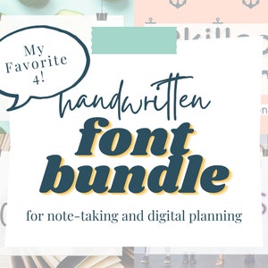 Könnte beinhalten: Ein weißer Hintergrund mit dem Text "My Favorite 4!" in einer Sprechblase. Der Text "handwritten font bundle" ist in einer großen, fetten, blauen Schrift mit gelben Akzenten. Der Text "for note-taking and digital planning" befindet sich unter dem Bundle-Text.