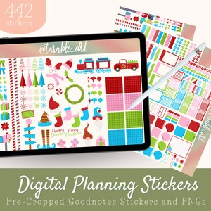 May include: A digital planner sticker set with 442 pre-cropped stickers for Goodnotes. The stickers feature a Christmas theme with red, green, blue, and white colors. The stickers include a variety of designs, such as Christmas trees, presents, candy canes, and gnomes.