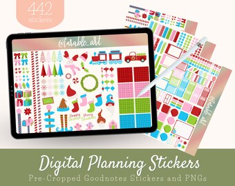 May include: A digital planner sticker set with 442 pre-cropped stickers for Goodnotes. The stickers feature a Christmas theme with red, green, blue, and white colors. The stickers include a variety of designs, such as Christmas trees, presents, candy canes, and gnomes.