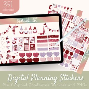 391 Digital Sticker Set for Valentine&#39;s Day | Pre-cropped Digital Planner Stickers | PNGs Transparent Background | Deep Rouge Heart Stickers