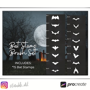 Pode incluir: Uma ilustração digital de uma tela de tablet que mostra um conjunto de 15 pincéis de carimbo de morcego para o aplicativo Procreate. A imagem inclui um fundo de Halloween assustador com lua cheia e árvores. O texto "Bat Stamp Brush Set" e "INCLUDES: *15 Bat Stamps" é exibido na tela.