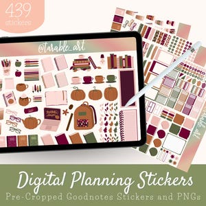 May include: A digital planner sticker set with 439 pre-cropped stickers for Goodnotes. The stickers feature a fall theme with autumn leaves, pumpkins, coffee cups, books, and other fall-themed elements in shades of brown, orange, pink, and burgundy.