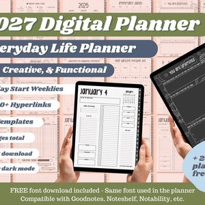 May include: A 2027 digital planner displayed on two tablets, featuring a light mode daily page for January 4 and a dark mode page with the text You are Unlimited. The background shows various planner templates with 515 pages and 25,000+ hyperlinks.