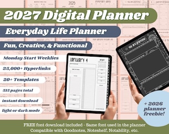 2027 Digital Daily Life Planner: Wellness, Goals, Finances (Light/Dark Mode) + 2026 Planner Freebie