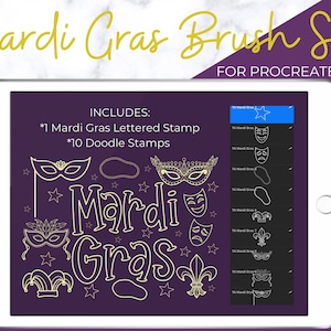 May include: A digital tablet screen displaying a set of 11 Mardi Gras themed stamps for the Procreate app. The stamps include a lettered stamp and 10 doodle stamps. The doodle stamps include a mask, a jester's hat, a fleur-de-lis, and a star.