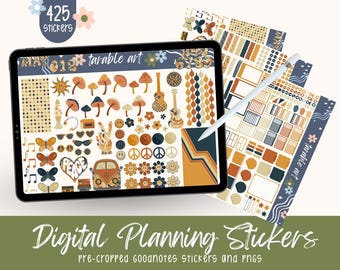 Retro Hippie Digitale Aufkleber: Blumenkind Goodnotes Planer (425 PNG)