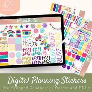 473 80s Roller Skating Themed Digital Stickers Set August | Pre-cropped Digital Planner Stickers | PNGs Transparent Background