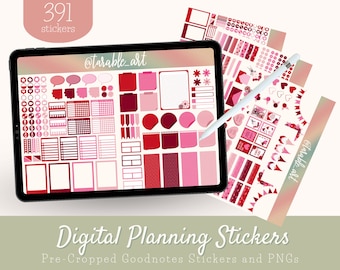 391 Digital Sticker Set for Valentine&#39;s Day | Pre-cropped Digital Planner Stickers | PNGs Transparent Background | Heart Planning Stickers