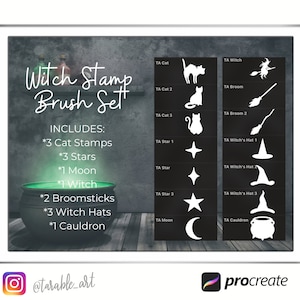 May include: A digital illustration of a witch stamp brush set for Procreate. The set includes 3 cat stamps, 3 stars, 1 moon, 1 witch, 2 broomsticks, 3 witch hats, and 1 cauldron.