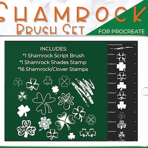 May include: A digital illustration of a shamrock brush set for Procreate. The set includes a shamrock script brush, a shamrock shades stamp, and 16 shamrock/clover stamps.