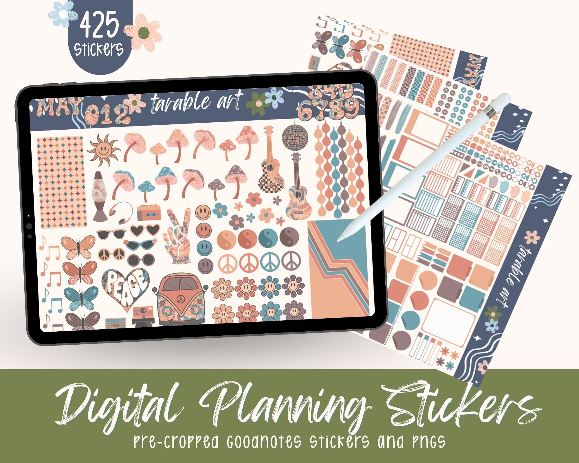 425 Retro Hippie Stickers for Digital Planning in May | Flower Child Digital Sticker Set | Pre-cropped Goodnotes Stickers | Set 3