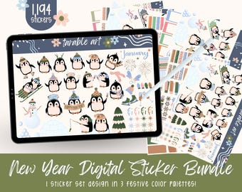 Pinguin Neujahr Digitale Planer Sticker: Goodnotes PNG Bundle (1.194)