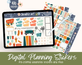Vintage Autofilm Aufkleber: 50s Digital Planner Set (Goodnotes, PNG, 416 Aufkleber)