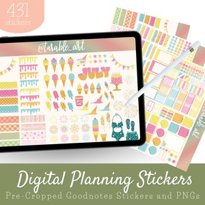 Digitale stickerset voor digitale planning | IJs en ijslolly&#39;s in juli | 431 voorgesneden PNG&#39;s | Zomerstickers | Goodnotes-stickers