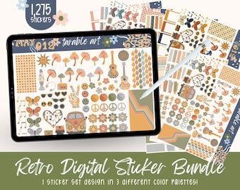 Retro Hippie Digitales Aufkleber-Bundle: Goodnotes Planer (1275 PNG)