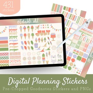 Digitale stickerset voor digitale planning | IJs en ijslolly&#39;s in juli | 431 voorgesneden PNG&#39;s | Zomerstickers | Goodnotes-stickers
