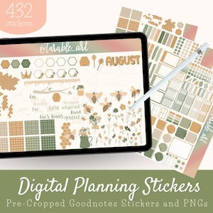 Op de afbeelding: Een digitale planner stickerset met een bijen thema. De set bevat 432 stickers in verschillende vormen en maten, waaronder bijen, honingraten, bloemen en tekst. De stickers zijn voorgeknipt en compatibel met Goodnotes.