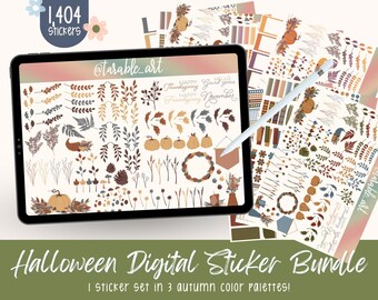 May include: A digital sticker bundle with 1,404 stickers featuring autumn leaves, branches, pumpkins, and wreaths in three different color palettes. The text "Halloween Digital Sticker Bundle" and "1 sticker set in 3 autumn color palettes!" is included in the image.