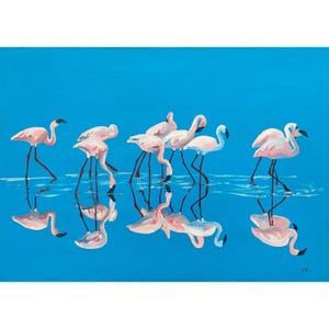 Confezione da 5 biglietti - Fenicotteri - Biglietti di auguri - Dipinto a mano - Fauna selvatica africana - Dipinto a olio originale