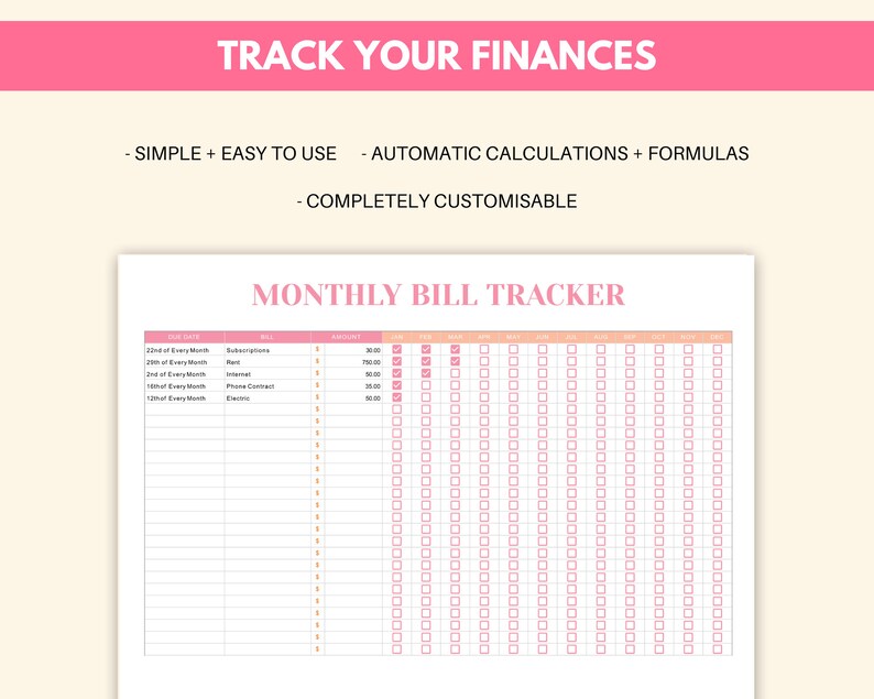 Annual Bills Tracker Spreadsheet Monthly Custom Google Sheet Etsy