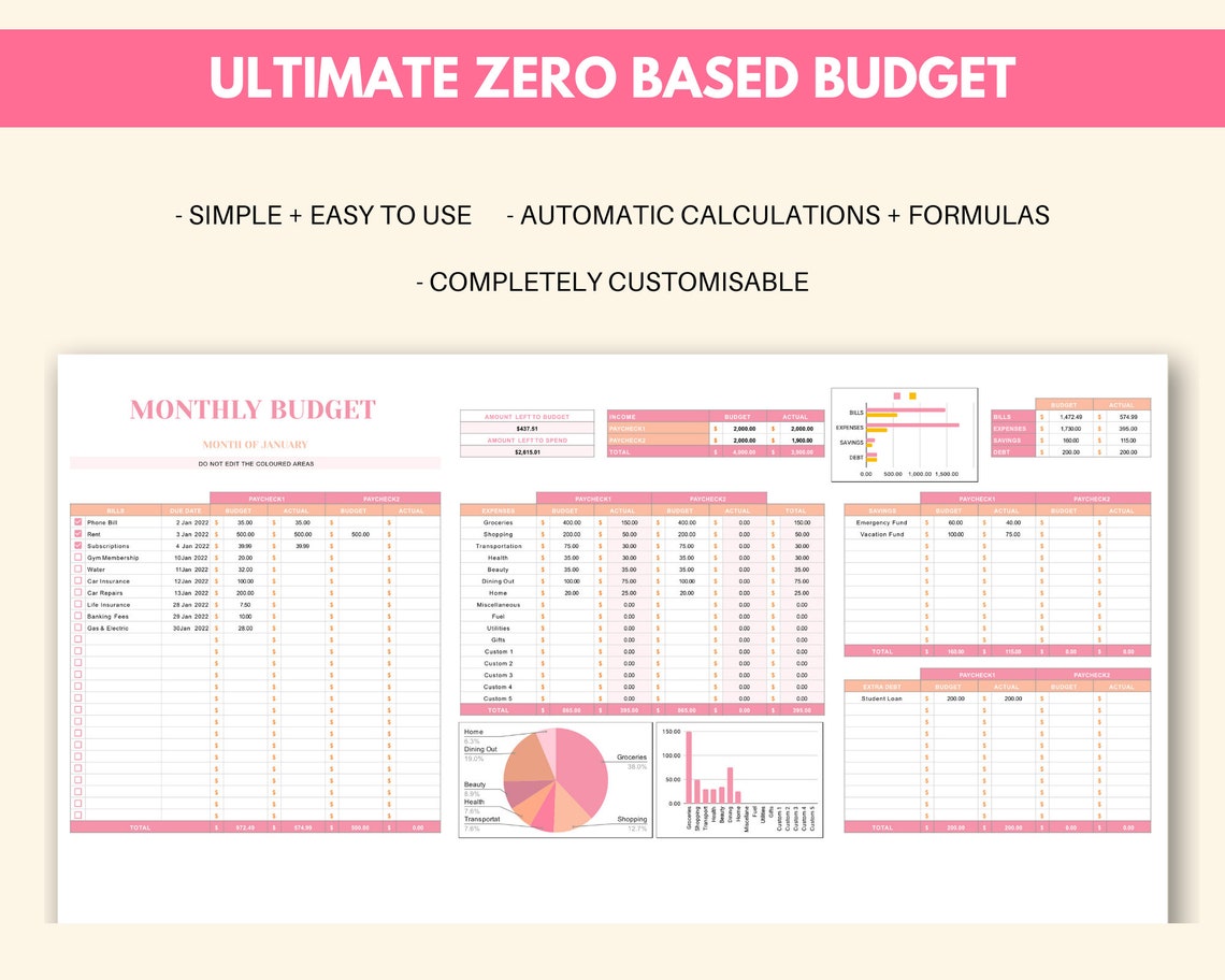 Zero Based Budget Spreadsheet Monthly Custom Google Sheet - Etsy