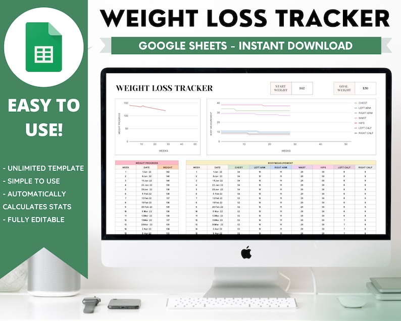 Weight Loss Tracker Spreadsheet Google Sheets Daily Weekly Etsy UK
