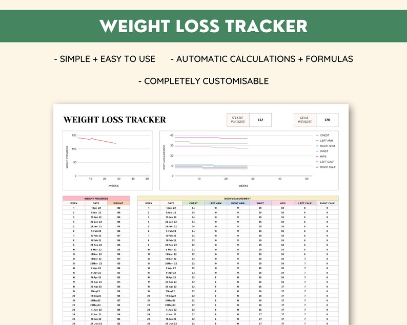Weight Loss Tracker Spreadsheet Google Sheets Daily Weekly Etsy UK