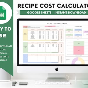 May include: A computer screen displaying a Google Sheets spreadsheet titled "Recipe Cost Calculator". The spreadsheet is designed to help users calculate the cost of their recipes. The spreadsheet includes sections for ingredients, quantities, prices, and total cost. The spreadsheet also includes a dashboard with charts and graphs to visualize the data.
