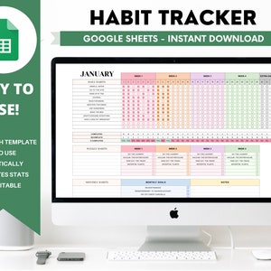 Habit Tracker Spreadsheet, Google Sheets, Daily, Weekly, Monthly, Annual, Goals Log, Planner