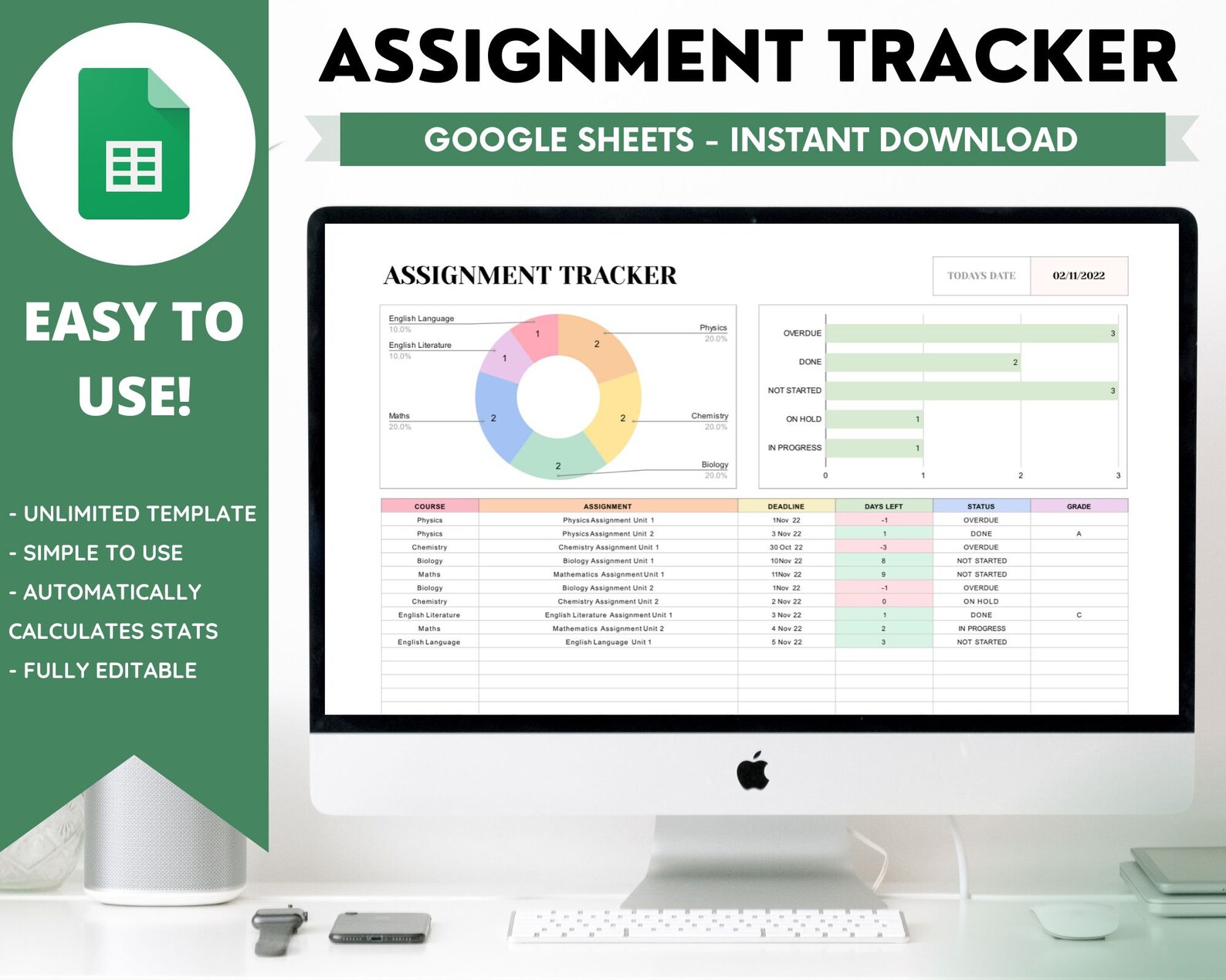 Assignment Tracker, Google Sheets, Spreadsheet, Homework Planner ...