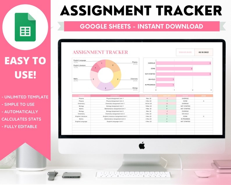 Assignment Tracker Google Sheets Spreadsheet Homework Etsy